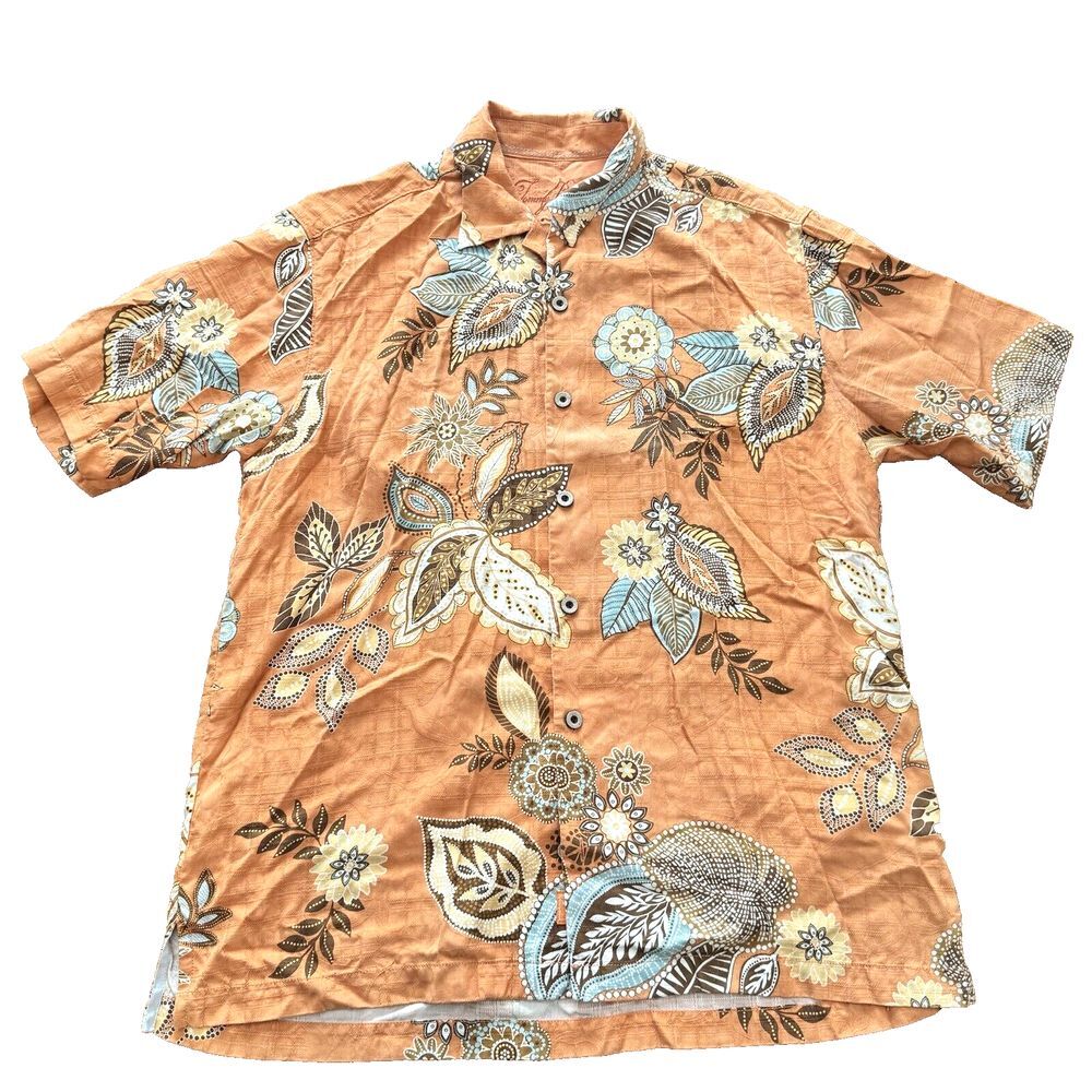 Tommy Bahama Button Up Shirt Mens Medium Orange Floral Silk‎ Blend Hawaiian